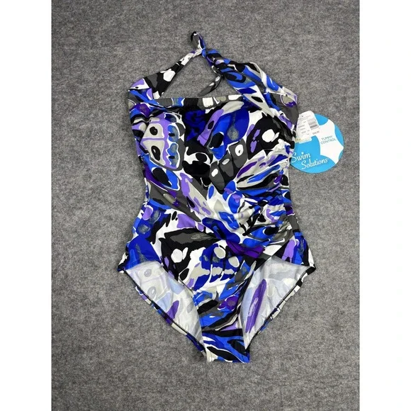 Swim Solutions One Piece Swimsuit Multicolor Tummy Control Womens 14 NWT - Picture 4 of 10